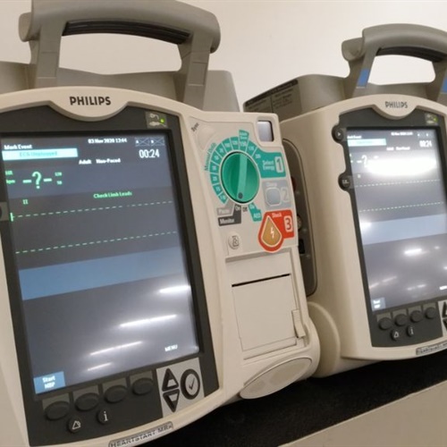 Lot of 2 - Philips Heartstart MRX Defibrillators (M3535A) w/ Paddles & 4 Batteries (M3538A)