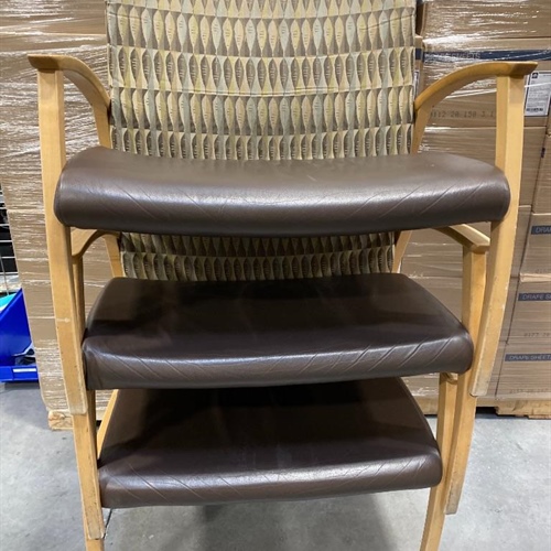 Wooden Chairs, vinyl bottom, fabric back, 30"W seat, lot of 3