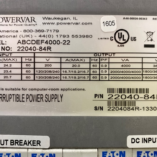 Powervar ABCDEF4000-22, 22040-84R Uninterruptible Power Supply UPS 200-240 Volt